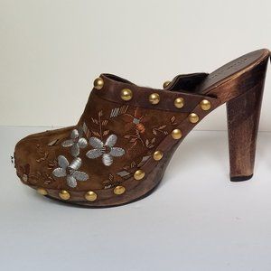 Miu Miu Winter Suede Camel Fur Brown Floral Wooden Sole Shoes Size 36.5